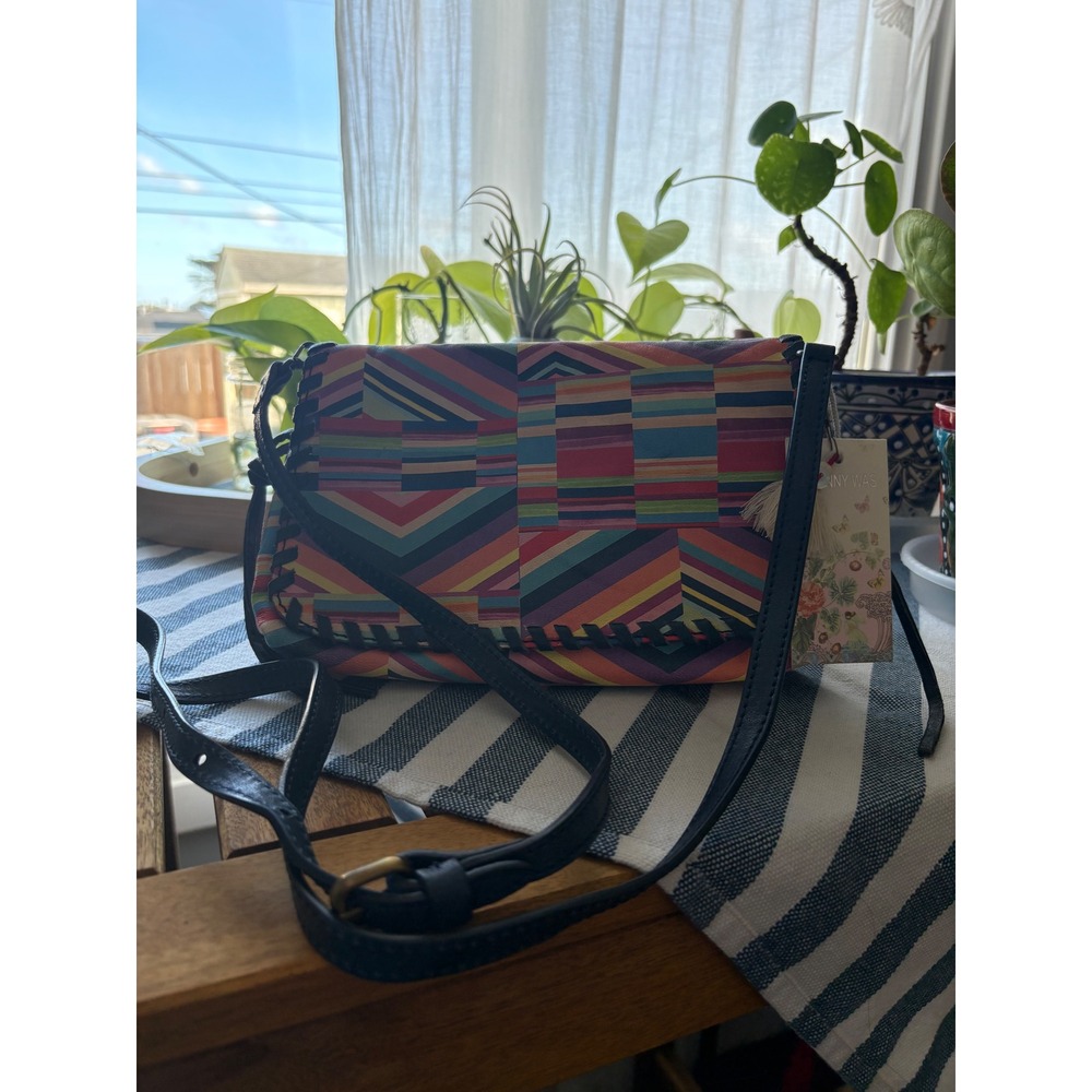 Johnny Was Multi Stripe Italian Leather Crossbody Bag Whipstitch R06623-5 NEW